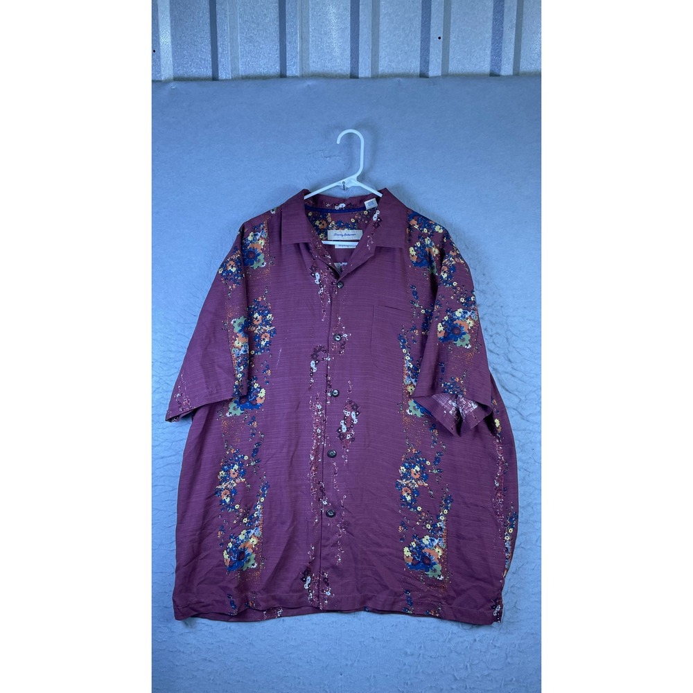 Tommy Bahama Shirt Mens XL Burgundy Excellent Silk Floral Original Fit Camp